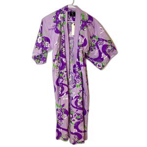 Vintage Japanese Child-Size Cotton Purple Floral Butterfly Kimono Robe Japan